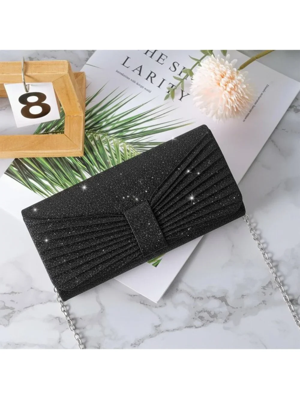 👜 Women's Black Wedding Bag Sparkling Party Handbag with Detachable Chain Purse